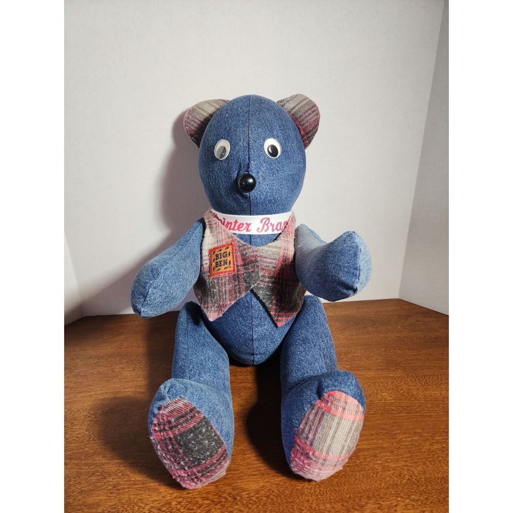 Jointed 18" Teddy Bear Denim Hand Made Solid Denim With Flannel Vest, Feet, Ears